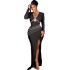 European and American style ins foreign trade solid color dress sexy V-neck hollow long sleeved bead decoration slit dress trendy women