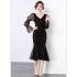 European station dress, autumn and winter women's clothing, high-end sense, Hepburn style slim fit, buttocks wrapped, fish tail beautiful small black dress