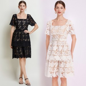 Spot shooting - Summer new product solid color water-soluble lace square neck short sleeved cake dress