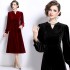 Real shot vintage style hanging neck V-neck hollowed out gold velvet high waisted dress dress dress in stock