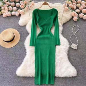 European and American Ins sexy low neck leak collarbone tight fitting waist and hip elastic knitted dress women's autumn and winter base skirt