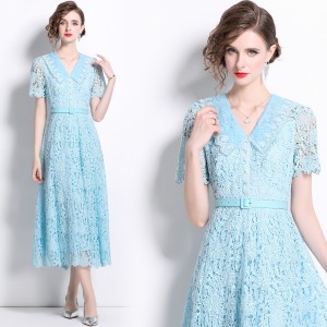 Real shooting spot 2024 summer new elegant water-soluble lace dress short sleeved doll collar tied waist long skirt