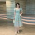 2024 Summer New Product Small Floral Square Neck Short Sleeve Lace Slimming Princess Long Dress Fairy Dress