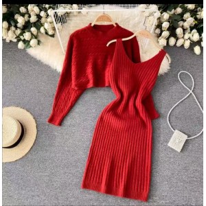 French sexy hip hugging camisole dress+short lazy loose pullover knit sweater two-piece set trendy