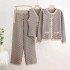 European station fashion new button versatile slimming foreign trade wide leg trend V-neck vest cardigan knitted three piece set