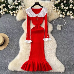 Knitted dress women's autumn and winter new style French retro contrasting color doll collar single breasted waist slimming fish tail long skirt