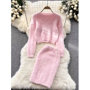 Autumn and winter socialite plush suit, women's waist cinched short knitted sweater+high waist hip hugging skirt, stylish two-piece set