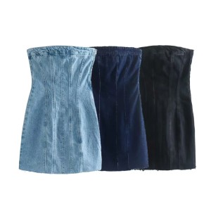 Foreign trade sexy one necked chest wrapped denim dress for spicy women, revealing a slimming temperament up close, hip hugging short skirt