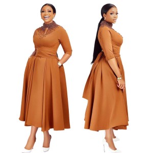 Independent Amazon African Women's Dress Elegant Slant Insertion Wide Belt Pocket Design Stand up Collar Front and Rear Cannon Beads