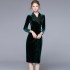 Real time spot high-quality velvet green slim fit waist, mid length, knee length skirt, outerwear, dress