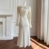 Elegant and fashionable temperament, V-neck flared long sleeved slimming dress, women's beige daily wearable dress 68465