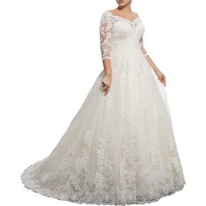 Cross border e-commerce trailing wedding dress, one shoulder hot selling lace wedding dress, European and American Amazon mid sleeve wedding dress