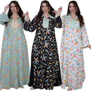 XQY500276 Middle Eastern Muslim Bead Embroidered Robe Jalabiya Dubai Arab Dress