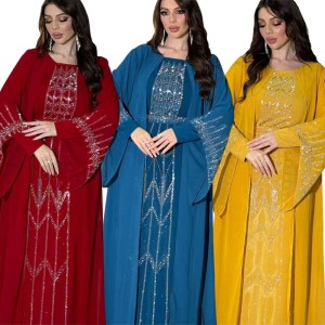 XQY500270 Middle Eastern Muslim rhinestone style fake two-piece long robe, chiffon straight gong fabric splicing with belt included