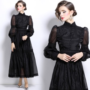 Real shot spot 2024 autumn long princess bubble sleeve organza women's dress looks slim and cinched waist