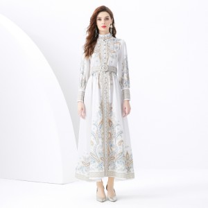 2024 Vacation - Palace style stand up collar lantern sleeve wave side length retro printed dress