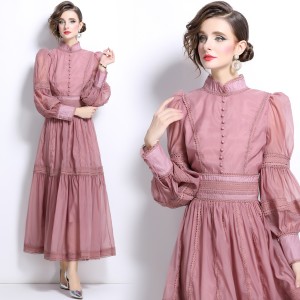 Real shot spot 2024 autumn long princess bubble sleeve organza women's dress looks slim and cinched waist