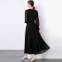 Real time spot black dress with waist cinched pleated skirt, long sleeved flowing V-neck long skirt