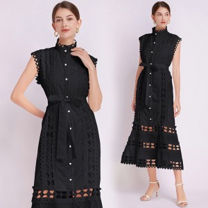 Spot Shot - French Style Palace Hollow Lace A-line Skirt Summer Stand up Collar Look Thin Dress for Women