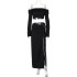 European and American women's clothing 2024 autumn new item one collar long sleeved chest wrapped sexy high slit skirt two-piece set for women