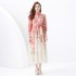 2024 Vacation - Countryside style stand up collar lantern sleeves wave side length retro printed dress two-piece set