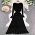 Knitted dress for women in autumn and winter, French retro temperament, ruffle edge design, lace up waist cinching, slim fit fish tail long skirt