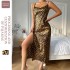 Ice silk camisole skirt for summer, thin, breathable, imitation silk, sexy leopard print pajamas, women's backless slit camisole nightgown