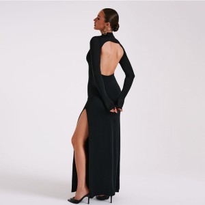 European and American style 2024 spring new women's long sleeved high neck sexy backless slit long skirt fashion dress wholesale