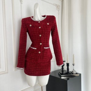 HiimDai heiress silver silk woven wine red small fragrant wind waist jacket&low waist skirt set