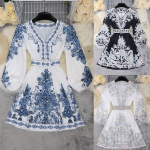 Amazon 2024 European and American Women's Autumn New Cross border Fashion V-neck Long sleeved Bohemian Printed Dress