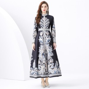 2024 Vacation - Palace style stand up collar lantern sleeve single placket printed long lace dress