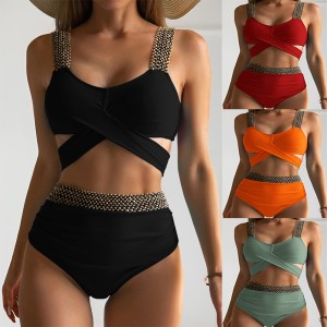 2023 new European and American split solid color swimsuit women's bikini triangle sexy slimming high waist spot swimsuit