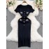 2024 summer outfit new style French waist cinching, slim and thin figure, deep V-neck, hip hugging knitted dress, medium to long length