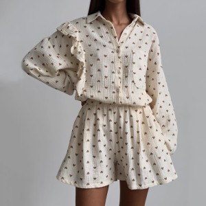 European and American foreign trade women's clothing 2024 spring new style ruffled heart printed shirt wide leg shorts casual set