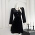 Yang Xiaojuan's contrasting color ribbon French heiress storm point embroidered velvet dress MIU series Hepburn black dress