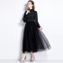 Real shot spot stand up collar lantern sleeves pleated waistband mesh fluffy princess style dress