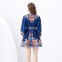 2024 Vacation - Palace style stand up collar lantern sleeves, single placket printed short mini dress