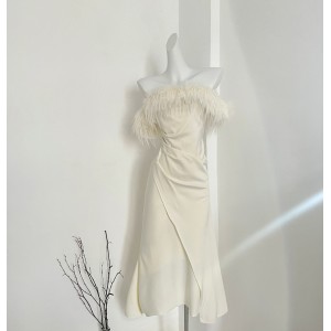 From a moment of floating world dance, white one shoulder dress, 2023 new women's autumn figure dress