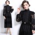 Real time spot 2024 autumn new slim fit patchwork lace hollow dress with pearl belt for women