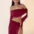 European and American women's clothing 2024 autumn new item one collar long sleeved chest wrapped sexy high slit skirt two-piece set for women