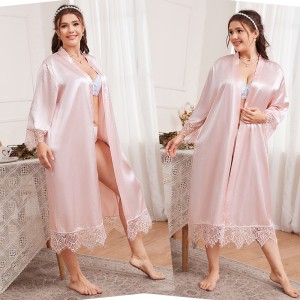 Large size summer nightgown, simple casual cardigan nightgown, long sleeved home wear, medium to long length bathrobe, ice silk nightgown for women