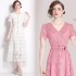 Real time spot French style elegant water-soluble lace dress short sleeved doll collar tied waist mid length skirt