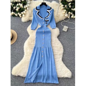 Light luxury Korean version high-end knitted dress for women in winter, featuring a single breasted slim fit design and a niche temperament long skirt