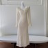 Elegant and fashionable temperament, V-neck flared long sleeved slimming dress, women's beige daily wearable dress 68465