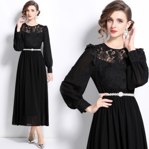 Real shooting spot 2024 new water-soluble lace splicing large swing chiffon dress dress with belt