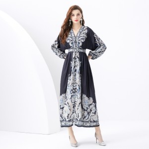 2024 Vacation - Palace style V-neck lantern sleeve double door placket printed long lace dress