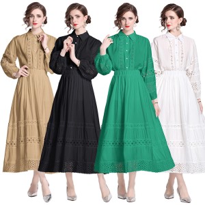 Spot Photo - Versatile Fashion New Product Collar Splicing Lace Lantern Sleeve Shirt+High Waist Half Skirt Set