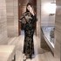 2024 temperament high waisted fish tail long skirt French hip hugging sexy trumpet sleeves high neck slim fit luxury socialite dress