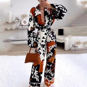 FD1084 in stock 2024 autumn Amazon women's fashion printed long sleeved shirt casual pants two-piece set