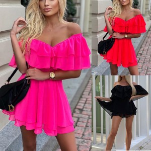 FC971 in stock 2023 cross-border summer new one shoulder sleeveless ruffle sexy mini chiffon dress